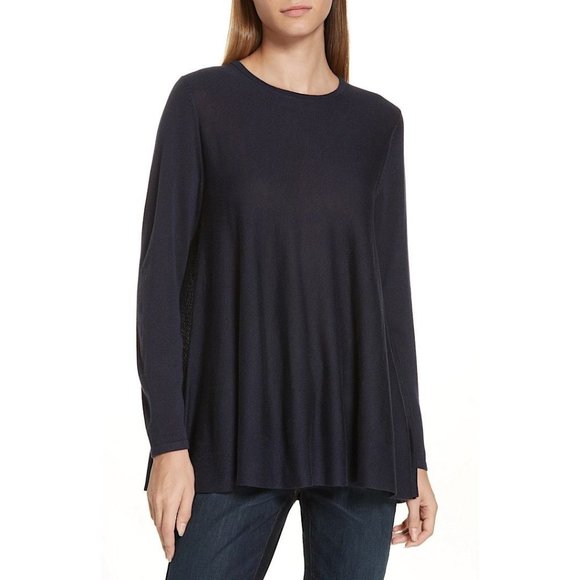 NWT Eileen Fisher Tencel Lyocell Silk Round Neck Long Sleeve Sweater Blue